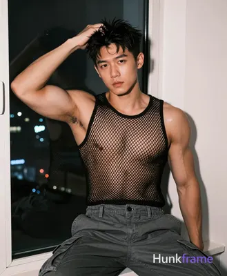 Asian adult man seated on window ledge at night, shirtless with black fishnet me
