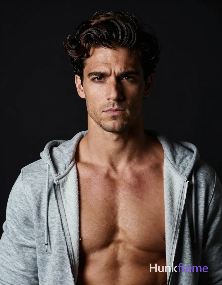 A handsome adult man with medium-tan skin and dark brown thick wavy hair styled upward and back stands in a head-and-shoulders close-up portrait. He wears no shirt, exposing his bare chest and neck, while the light grey or muted blue-grey zip hoodie hangs unzipped to mid-chest over broad shoulders. His torso angles slightly right but he faces camera directly with a serious expression and slight brow furrow. Dramatic directional lighting from upper left casts soft shadows on the right side of face against a black background. High-contrast portrait photography, fine-art editorial aesthetic, vertical composition filling frame., a single uninterrupted photograph only, no written words or typography anywhere in frame, no captions, no app UI, no social-media post layout, no screenshot borders