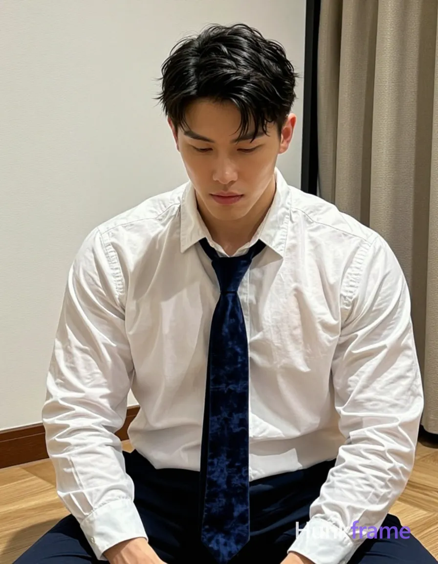an anonymous figure adult man with short textured black hair and clean-shaven face He wears a white long-sleeve button-up shirt with collar open top two buttons undone and a dark navy blue velvet tie loosely knotted at neck hanging down center of chest; Medium closeup shot from upper thighs to head captures broad shoulders and defined collarbones against light wood flooring, white wall corner, beige curtain, partial chair view; Soft directional key light from front-left creates subtle shadows on right side of face and shirt folds; Clean composition with natural skin texture visible, fabric details rendered with realistic folds and sheen on tie, shot on iPhone 15 Pro main camera, authentic smartphone computational photography, natural Smart HDR, vertical 9:16 Xiaohongshu lifestyle post, bright clean gym or cafe scene, wardrobe matching reference outfit, confident everyday blogger pose, phone photo with natural grain; single clean uninterrupted photograph with a cohesive editorial composition and plain continuous surrounding surfaces