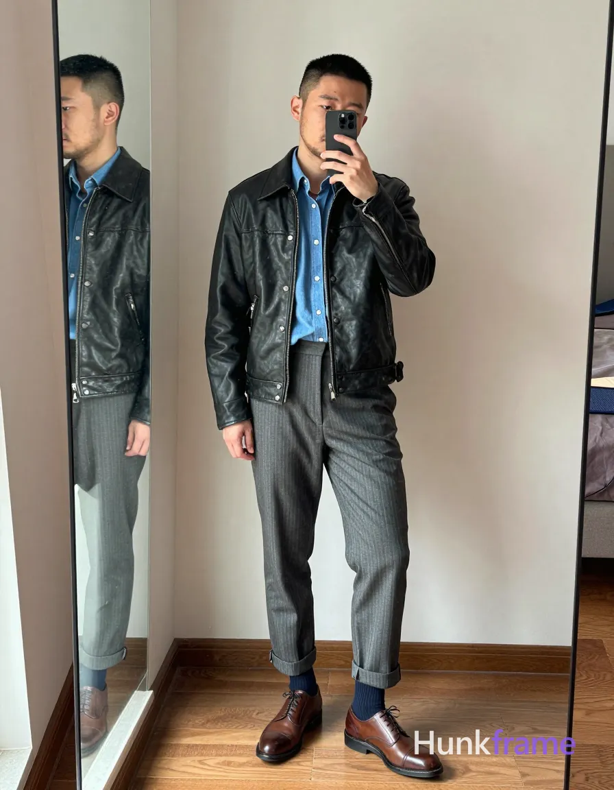 Asian man with short black buzz cut and light stubble stands casually in a modern apartment bedroom, facing a large wall mirror; He wears a worn-open black leather jacket revealing neck and collarbone, blue button-down shirt underneath, grey pinstripe trousers cuffed at ankles, dark blue crew socks to mid-calf, brown polished oxford shoes; Holding smartphone with right hand up to face capturing mirror selfie; phone partially obscures eye region; Right subject occupies foreground right half of frame; left side shows full-length mirror reflection from side angle aligned vertically; Natural window light illuminates beige walls and wooden floorboards; Xiaohongshu lifestyle photography, candid iPhone selfie energy, real scene vertical social-feed look, shot on iPhone 15 Pro main camera, authentic smartphone computational photography, natural Smart HDR and true-to-life skin texture, vertical 9:16 Xiaohongshu lifestyle feed, bright clean everyday scene, unretouched phone photo with subtle sensor grain, trendy Chinese internet 网红 aesthetic, candid influencer energy, phone held naturally in one hand for selfie, phone visible in frame; single clean uninterrupted photograph with a cohesive editorial composition and plain continuous surrounding surfaces