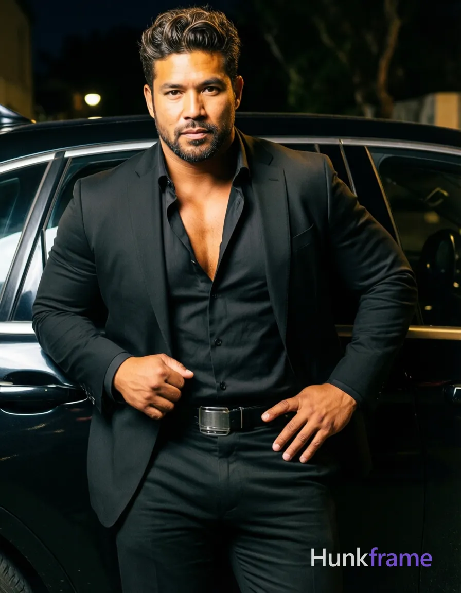 Caucasian man in his 30s with medium-tan skin, dark brown voluminous hair swept back from forehead, and a well-groomed short beard. He stands confidently waist-up centered against a black car door at night, leaning slightly forward with left hand on hip and right arm bent with fist near waist. Wearing an unbuttoned black suit jacket over an open-collar button-down shirt exposing the upper chest, paired with black trousers and a belt with a rectangular silver buckle. Dramatic directional lighting from front-left highlights his broad shoulders and defined chest while casting deep shadows on the right side of his body. High-contrast editorial photography with cinematic depth of field capturing a serious direct gaze at camera in sophisticated masculine mood., same aesthetic theme and photo feel as the reference but a different man in a different pose with distinct body proportions, Pacific Islander man, sun-kissed skin, stocky powerful legs, short curly hair, a single uninterrupted photograph only, no written words or typography anywhere in frame, no captions, no app UI, no social-media post layout, no screenshot borders