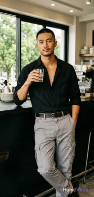 Asian man with medium-tan skin and a short black buzz cut, clean-shaven chin with light upper lip st