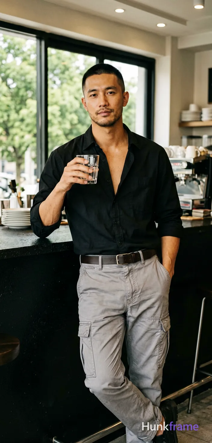 Asian man with medium-tan skin and a short black buzz cut, clean-shaven chin with light upper lip stubble; He leans casually against a textured black counter surface in a modern café interior, right shoulder angled forward while weight shifts onto the right leg; left knee bent flat on floor; Wearing an open-collared black button-down shirt revealing upper chest from collarbone to sternum, sleeves rolled to mid-forearm exposing full forearms including wrists, light gray cargo pants with visible side pockets and belt loops threaded by a dark leather belt; Holding a clear glass tumbler in right hand near chest level, fingers wrapped around the base of vessel; Portrait orientation capturing subject from knees up within interior space, center-right composition occupying vertical frame from head to mid-thighs; Natural daylight streams through expansive window panes creating soft highlights on face and clothing against overhead recessed lighting; background shows large windows revealing green trees outside with stacked white plates and espresso machine components visible behind him; High-resolution commercial photography with; single clean uninterrupted photograph with a cohesive editorial composition and plain continuous surrounding surfaces