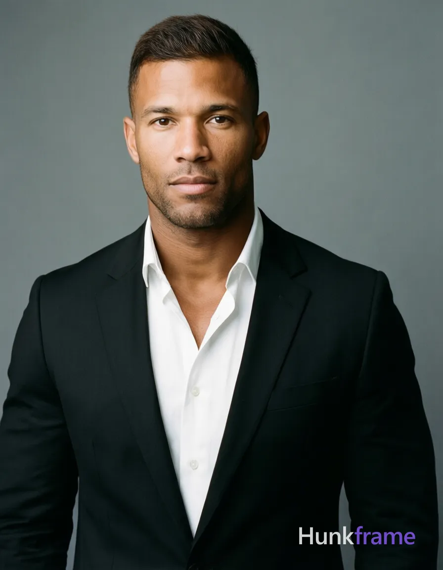 A handsome Caucasian man with fair to light tan skin and subtle natural texture stands in a high-resolution studio portrait; He has short dark brown hair neatly styled with a slight side parting, clean-shaven chin and jawline with very light stubble on the upper lip only; Wearing a black suit jacket with structured lapels over a white button-down dress shirt where the top two buttons are undone, his slim build is captured from mid-chest up; He faces forward with shoulders squared to camera in a neutral composed pose with direct gaze toward lens under softbox frontal lighting against seamless grey background, same aesthetic theme and photo feel as the reference but a different man in a different pose with distinct body proportions, Black man, deep brown skin, cropped hair, broad shoulders, boxer physique not bodybuilder; single clean uninterrupted photograph with a cohesive editorial composition and plain continuous surrounding surfaces