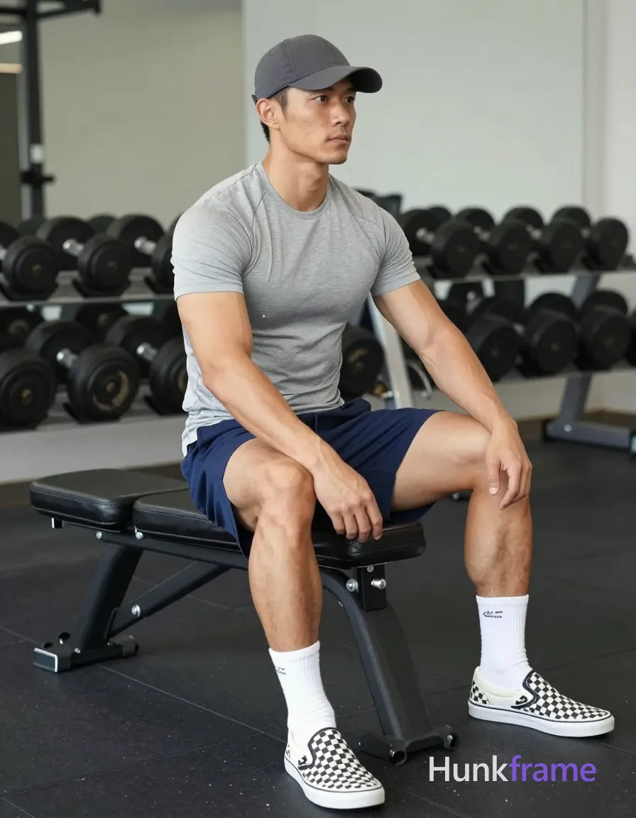 Asian man with light to medium tan skin and short dark hair under a cap, clean-shaven face seated sideways on a black gym bench; He wears a grey fitted ribbed crew-neck t-shirt, navy blue athletic shorts ending mid-thigh, white ankle socks with visible branding on the left sock, and black-and-white checkered slip-on sneakers; The camera captures a full-body shot from head to feet at an angled perspective with shallow depth of field blurring dumbbell racks in the background, lit by soft overhead gym lighting; single clean uninterrupted photograph with a cohesive editorial composition and plain continuous surrounding surfaces