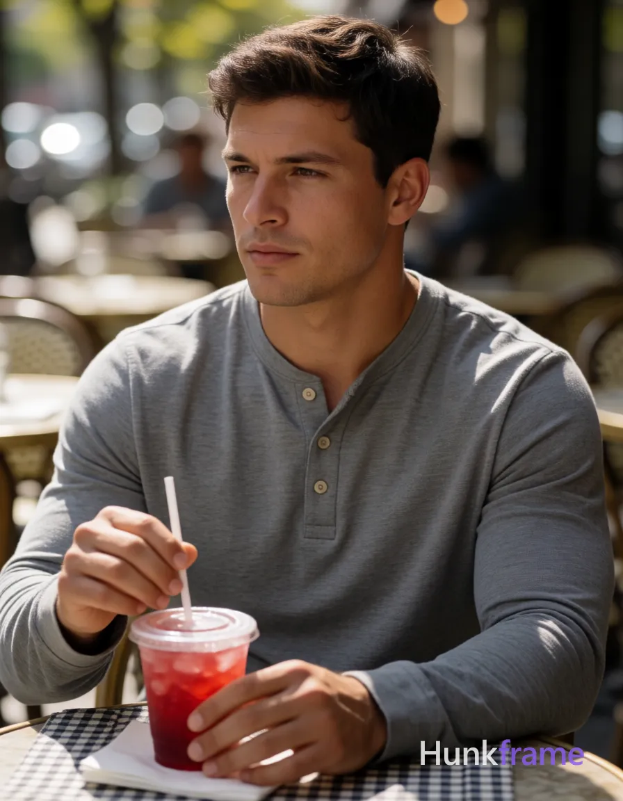Very large heavy muscular stocky adult man with a broad thick torso, massive shoulders, thick neck, meaty chest and arms, powerful thighs, dense body hair, and heavyweight muscle-bear proportions; an anonymous figure man with light-medium skin, short textured dark brown hair side-parted, clean-shaven chin and upper lip with faint jawline stubble; Seated upright at outdoor café table in grey long-sleeve henley shirt with three-button placket, holding white plastic straw right hand, napkin left near red beverage on checkered cloth; Shallow depth of field bokeh background showing blurred café seating and foliage; Natural sunlight casting soft shadows, high-resolution fashion editorial quality, calm casual elegance mood; FULL GARMENT TEXT REPLACEMENT: remove every source garment word, sentence, slogan, logo, and partial brand spelling from every existing print area, then replace those source marks with only the wordmark, spelled exactly "HF"; This is replacement, Repeated "HF" marks are allowed only where the source garment already had printed text; preserve appropriate placement, typography, color, and scale, logo; single clean uninterrupted photograph with a cohesive editorial composition and plain continuous surrounding surfaces