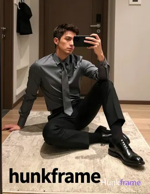 An athletic adult man with light to medium skin and short dark brown hair sits on a beige rug, left 
