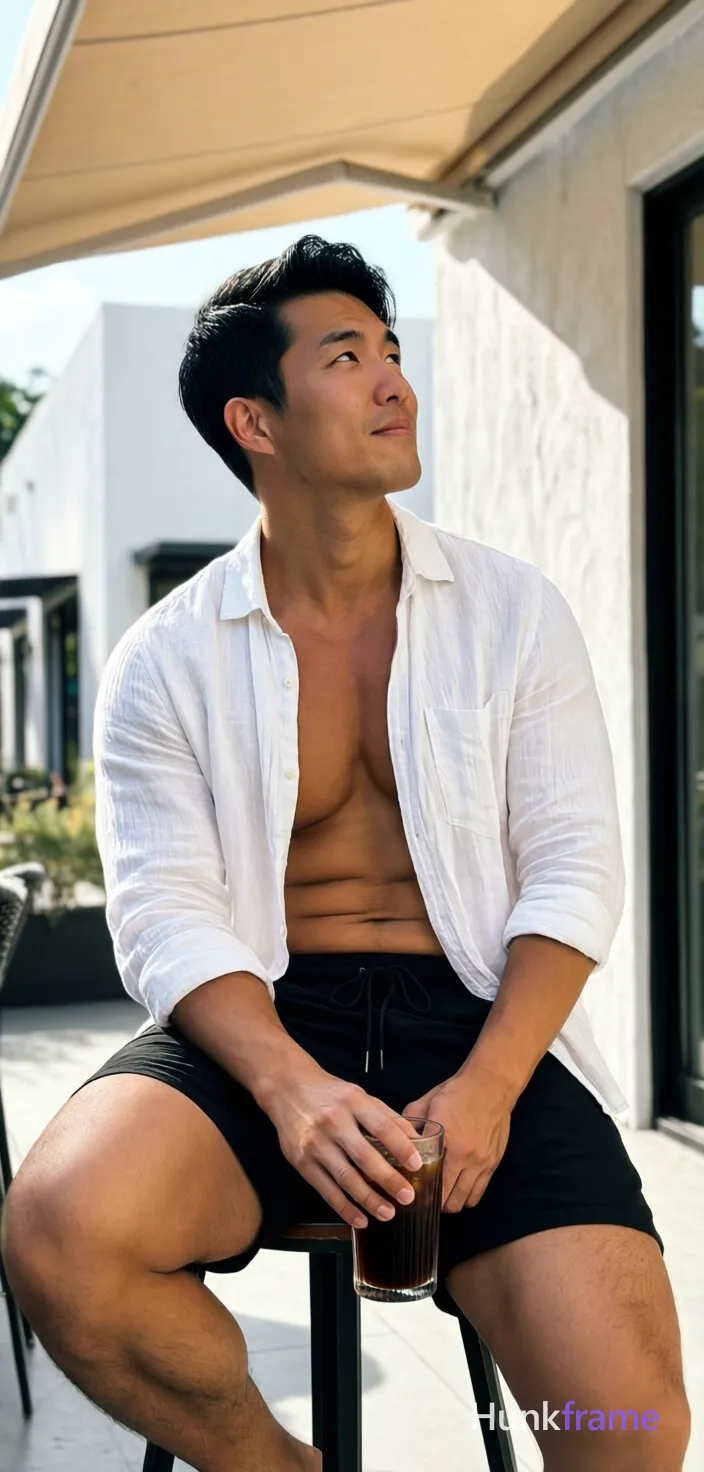Asian man with light-medium skin and black short hair styled with volume, clean-shaven face looking upward right. Seated on high stool torso angled left holding dark drink between knees in white textured linen shirt unbuttoned at top revealing upper chest clavicles pectorals abdomen defined abs sleeves rolled wearing black drawstring shorts ending above knee weight shifted onto left leg broad shoulders thick thighs. Outdoor patio under beige awning casting soft shadows on white stucco wall modern building facade background right bright natural sunlight from upper left creating strong highlights shallow depth of field keeping subject sharply focused softly blurring architectural elements behind vertical phone-camera aesthetic head-to-thighs framing excluding feet entirely center-left composition occupies majority frame relaxed confidence sun-drenched leisure premium fashion-editorial tone high-contrast outdoor lighting emphasizing muscle definition clean lines minimal background distractions typical of fashion photography, a single uninterrupted photograph only, no written words or typography anywhere in frame, no captions, no app UI, no social-media post layout, no screenshot borders
