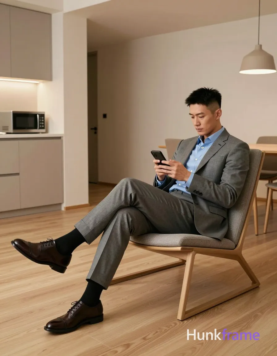 Full body shot of an adult man reclining on a modern lounge chair, right side of frame; He has short black hair with a fade and is clean-shaven; Wearing a grey suit jacket worn open over a light blue button-down shirt with top buttons undone exposing neck and collarbone, matching grey tailored trousers cuffed at ankles, black dress socks pulled up fully, dark brown leather oxford shoes; Holding a black smartphone in both hands near chest level looking down focused and relaxed; Modern interior space with light wood flooring, beige walls, built-in kitchenette unit visible on left side including countertop and microwave oven, dining area in background; Soft ambient indoor lighting creating gentle shadows under furniture and along floorboards; Clean lines, minimalist aesthetic, warm tones dominating scene composition; single clean uninterrupted photograph with a cohesive editorial composition and plain continuous surrounding surfaces