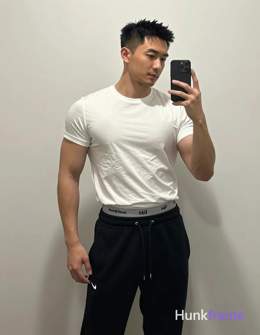 an anonymous figure adult man with light to medium tan skin, short textured black hair styled upward at the crown and tapered sides; He stands upright facing slightly right in a dorm room setting, left arm bent holding a black smartphone for mirror selfie capture while right hand rests open by his side; Wearing a white crew-neck short-sleeve t-shirt with slight hem wrinkling, black drawstring sweatpants featuring a white Nike swoosh on the left thigh and waistband, gray Aum&Stein branded underwear waistband visible above pants; Broad shoulders, defined biceps and triceps, flat abdomen showing the underwear waistband; Soft ambient indoor lighting reflects off the mirror surface with clean lines and minimal distractions in this vertical portrait composition; FULL GARMENT TEXT REPLACEMENT: remove every source garment word, sentence, slogan, logo, and partial brand spelling from every existing print area, then replace those source marks with only the wordmark, spelled exactly "HF"; This is replacement, Repeated "HF" marks are allowed only where the source garment already had printed; single clean uninterrupted photograph with a cohesive editorial composition and plain continuous surrounding surfaces