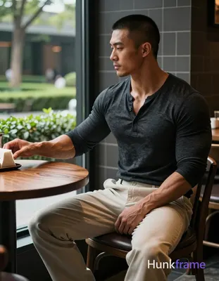 Asian man with medium-tan skin and short buzz cut, clean-shaven chin with light stubble; Seated side