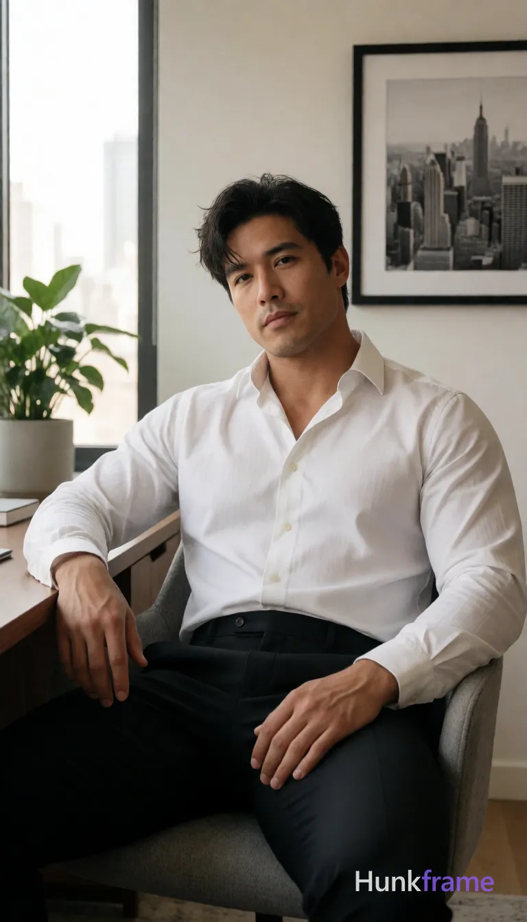 Heavily muscular adult man with substantial muscle mass, wide shoulders, thick neck, large chest and arms, powerful thighs, and dense bodybuilding proportions; Asian or mixed heritage man with medium tan warm skin, short dark tousled hair side-parted over forehead; Light stubble on chin and jawline clean-shaven upper lip calm composed expression slight head tilt left seated in gray upholstered chair at wooden desk torso angled right facing camera; Left arm resting on desk surface right hand relaxed on thigh shirtless white button-down shirt worn open from collar to navel exposing full chest abdomen black tailored trousers with visible front fly and belt loops mid-thigh-up portrait shot centered occupying majority of frame indoor home office large window left potted plant framed cityscape print natural daylight soft shadows warm ambient fill fine-art photography aesthetic high-resolution detail rendering editorial composition deliberate framing broad shoulders defined pectorals six-pack abs clear separation low body fat confident masculinity sophisticated minimalism controlled sensuality 13:19 aspect ratio; single clean uninterrupted photograph with a cohesive editorial composition and plain continuous surrounding surfaces