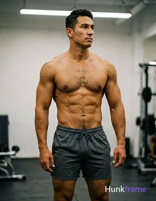 A striking vertical phone wallpaper of a muscular adult man standing shirtless in an indoor gym, tor