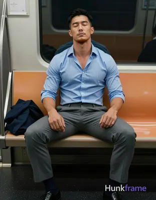 An Asian man with light-medium skin and short black hair styled back sits on a subway bench, eyes cl