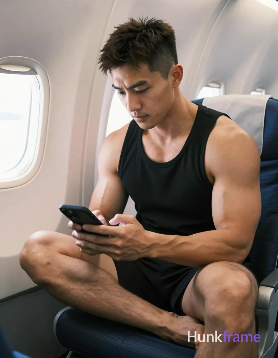 Asian man with light to medium tan skin and short dark brown hair featuring a textured top with faded sides, clean-shaven face, seated in an airplane cabin; He wears a black sleeveless tank top covering his upper torso while holding a black smartphone against his right thigh with both hands scrolling; His muscular build displays defined biceps, shoulders, and thick thigh musculature; the right leg is bent upward exposing the knee fully, left arm resting on the thigh; Torso angles slightly forward in relaxed focus; Soft ambient cabin lighting illuminates white walls and oval windows behind him; Vertical portrait composition with clean negative space for wallpaper use; single clean uninterrupted photograph with a cohesive editorial composition and plain continuous surrounding surfaces