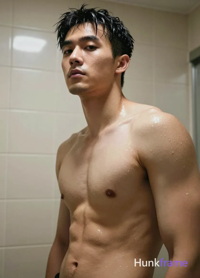 Asian man with short black hair slightly wet and glistening, clean-shaven smooth chin posing sensually in a vertical portrait; He stands shirtless against beige tiled bathroom walls, torso angled right while head turns left toward the camera; Low-angle perspective emphasizes broad shoulders, defined pectorals, visible abs, and sculpted obliques under high contrast overhead artificial light creating specular highlights on wet skin texture; Close-up framing fills most of the 13:19 portrait canvas from chest up with intimate dramatic mood; single clean uninterrupted photograph with a cohesive editorial composition and plain continuous surrounding surfaces