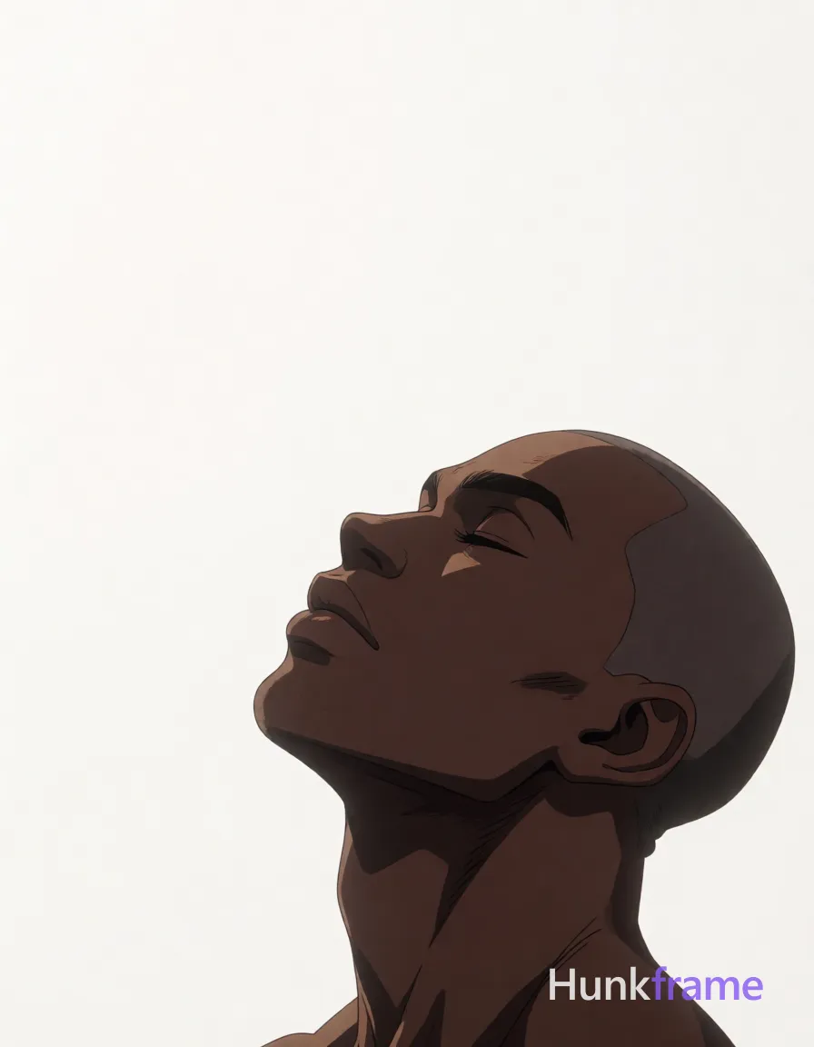 A polished 2.5D anime rendering of a Black man with a shaved bald head, eyes closed in serene relaxation against a plain white background; He tilts his head back in profile view within the bottom-right quadrant of this vertical portrait; The art style features high-quality character modeling with expressive facial details and athletic anatomy rendered smoothly; Soft directional lighting from above-left creates subtle shadows on his dark skin texture without genericizing physique into stock terms, same aesthetic theme and photo feel as the reference but a different man in a different pose with distinct body proportions, German man, fair skin, strong brow ridge, lean cyclist legs; single clean uninterrupted artwork with a cohesive composition and plain continuous surrounding surfaces
