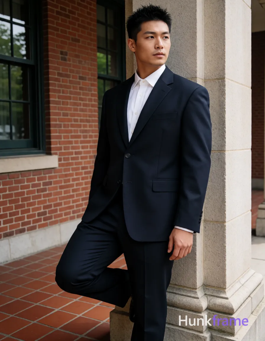 Heavily muscular adult man with substantial muscle mass, wide shoulders, thick neck, large chest and arms, powerful thighs, and dense bodybuilding proportions; Asian man with short black textured spiky top fading to tight buzz cut, clean-shaven face, neutral gaze directed away; Standing in profile leaning back against a stone column, left leg bent and foot resting on the base while right hand holds left ankle near heel adjusting shoe; Wearing dark navy suit jacket with structured shoulders, single-breasted button closure visible at front, matching dark navy trousers, white collared dress shirt underneath; Full-body shot from head down to mid-calf showing complete figure including footwear and lower legs in heavily muscular build; Outdoor architectural setting with red brick building featuring dark-framed windows left side, terracotta tiled floor near base of column; Natural daylight creating soft shadows on face and clothing, ambient illumination highlighting texture of suit fabric; High-fashion editorial aesthetic, clean lines, architectural composition, confident stylish mood; single clean uninterrupted photograph with a cohesive editorial composition and plain continuous surrounding surfaces
