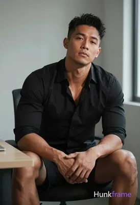 Asian man with short black styled upward hair and clean-shaven face, seated at a