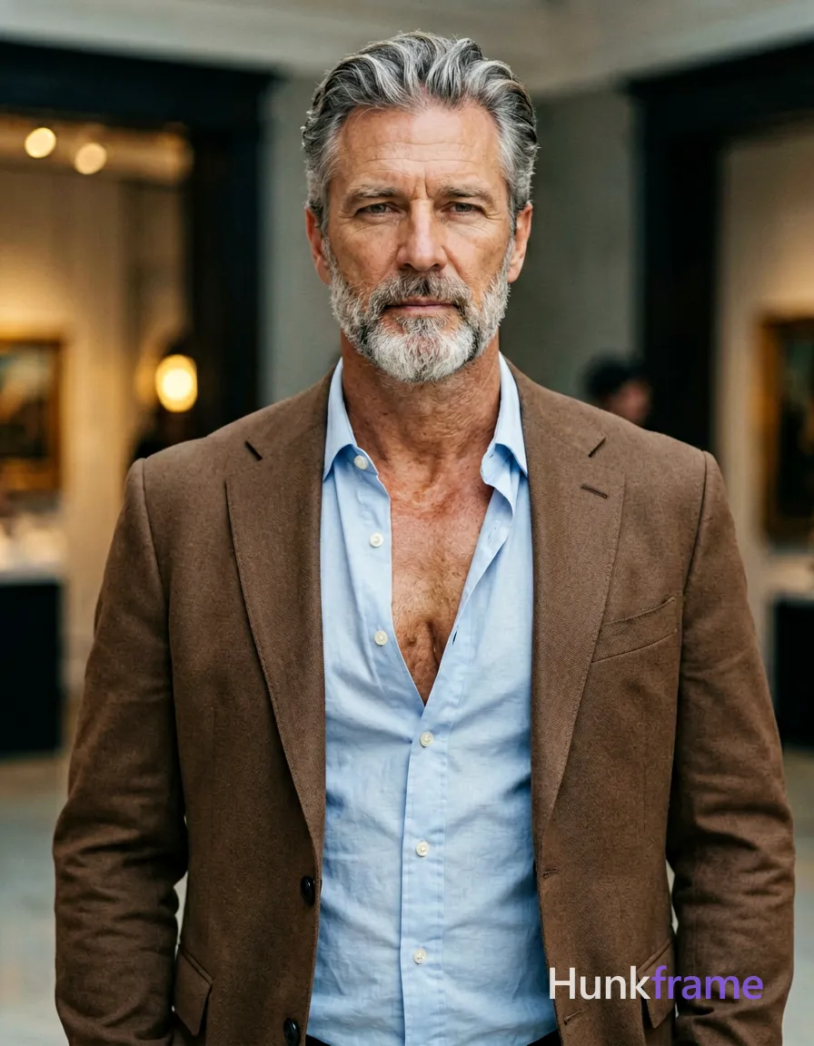 A handsome mature Caucasian man with salt-and-pepper swept-back hair and a trimmed gray beard stands centered in an upper chest portrait. He wears a brown tailored blazer open over a light blue button-down shirt unbuttoned to reveal his bare sternum, collarbone, and defined pectorals. His broad shoulders relax against dark architectural elements while warm bokeh lights glow softly on the left background. High-resolution editorial photography with shallow depth of field captures cinematic lighting that emphasizes skin texture and fabric weave in a refined indoor gallery setting., shot on iPhone 15 Pro main camera, authentic smartphone computational photography, natural Smart HDR and true-to-life skin texture, vertical 9:16 Xiaohongshu lifestyle feed, bright clean everyday scene, unretouched phone photo with subtle sensor grain, trendy Chinese internet 网红 aesthetic, candid influencer energy, wearing underwear or swim trunks, covered genitals, no frontal nudity