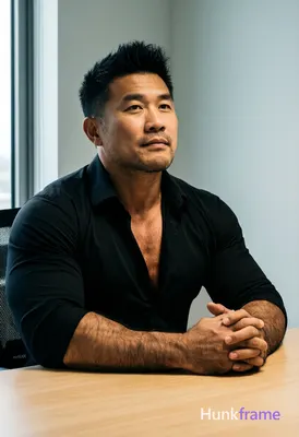 Asian man with short black styled upward hair and clean-shaven face, seated at a light wood desk in 