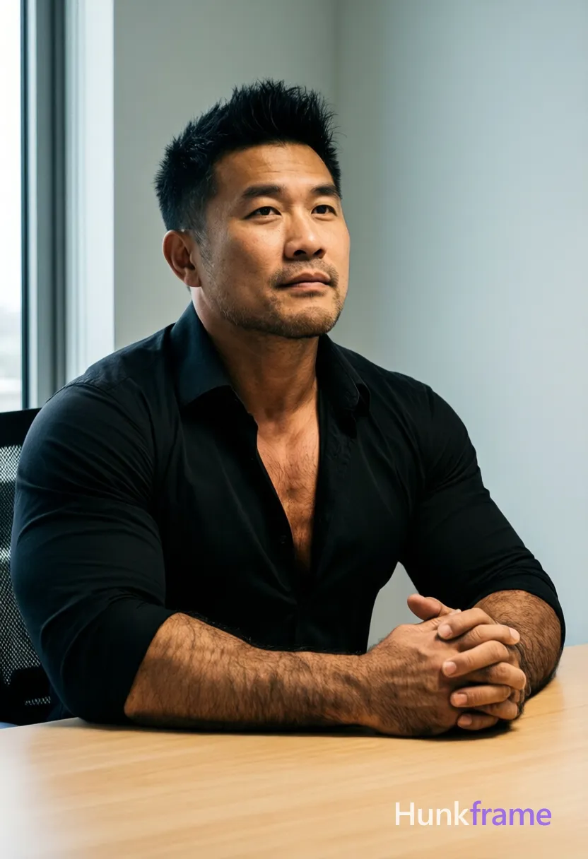 Asian man with short black styled upward hair and clean-shaven face, seated at a light wood desk in an indoor office. He wears a black long-sleeve button-up shirt unbuttoned at the top revealing upper chest and collarbone area. Torso angled toward camera with head tilted back slightly, arms resting on surface, hands clasped or interlaced in front of chest. Waist-up portrait centered composition showing broad shoulders, defined pectorals, visible abdominal definition. Soft directional key from left side creates high contrast lighting against a plain light gray wall and window edge. Muscle bear aesthetic highlighting rugged warm confidence with dense body hair texture., a single uninterrupted photograph only, no written words or typography anywhere in frame, no captions, no app UI, no social-media post layout, no screenshot borders