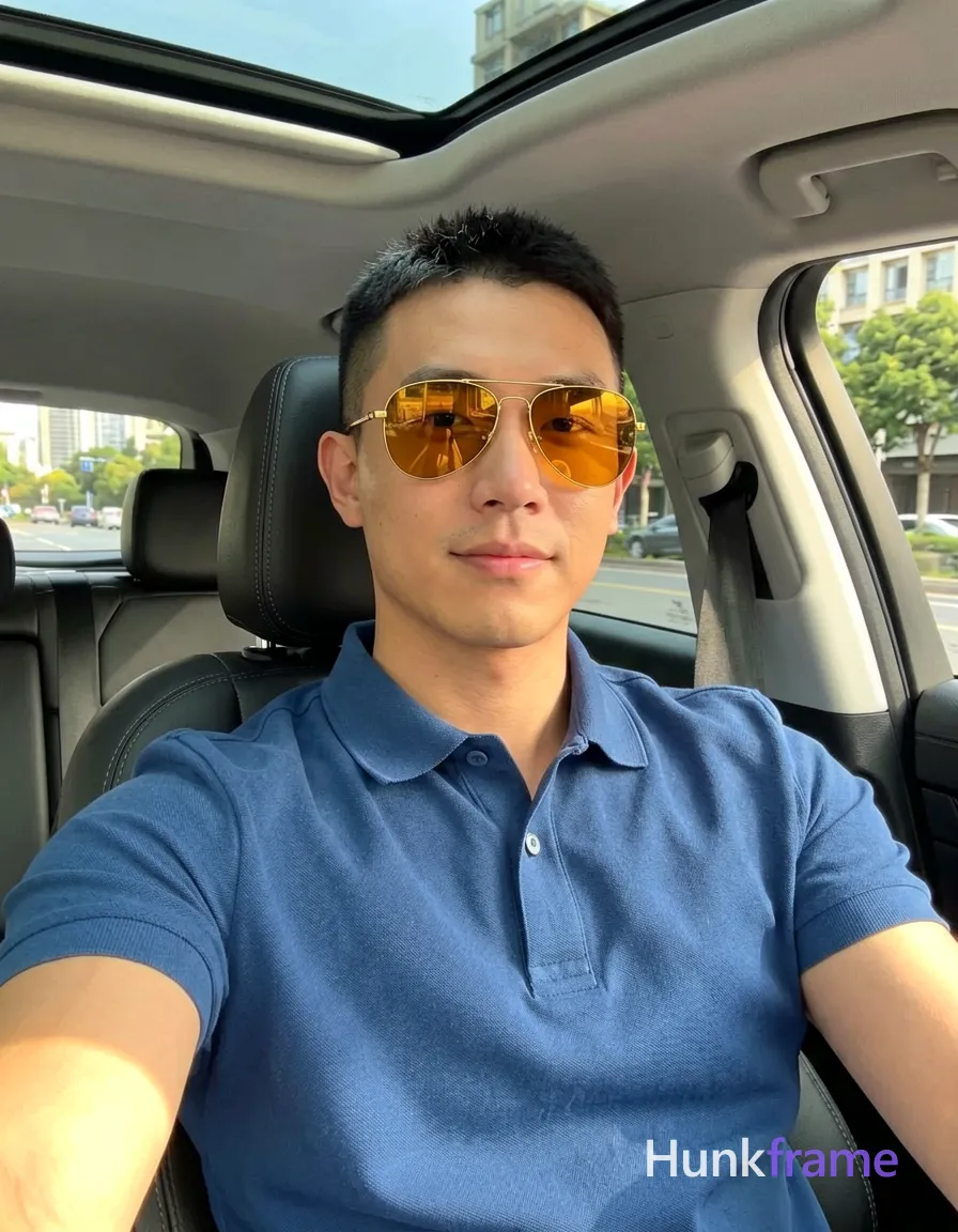 an anonymous figure man with light-medium skin and a short buzz cut featuring black textured top layer, wearing gold-rimmed aviator sunglasses with reflective amber lenses resting on the nose bridge; He is seated in the driver's seat of a car, leaning back against the headrest while extending his left arm outward holding an invisible device for a selfie angle; Dressed in a blue short-sleeved polo shirt with buttoned placket and single visible button, fully clothed adult torso showing broad shoulders and defined collarbones; Portrait crop from chest up to forehead, center-left composition occupying majority of frame, head slightly tilted toward camera; Interior of modern vehicle during daylight hours with sunroof open revealing sky above; city street visible through windows with trees and buildings in distance; Natural sunlight streaming from left side creating soft shadows on right cheek and neck; High-resolution smartphone photography with slightly warm white balance and shallow depth of field blurring background street scene, conveying trendy social-feed lifestyle vibe; The adult man visibly wears; single clean uninterrupted photograph with a cohesive editorial composition and plain continuous surrounding surfaces