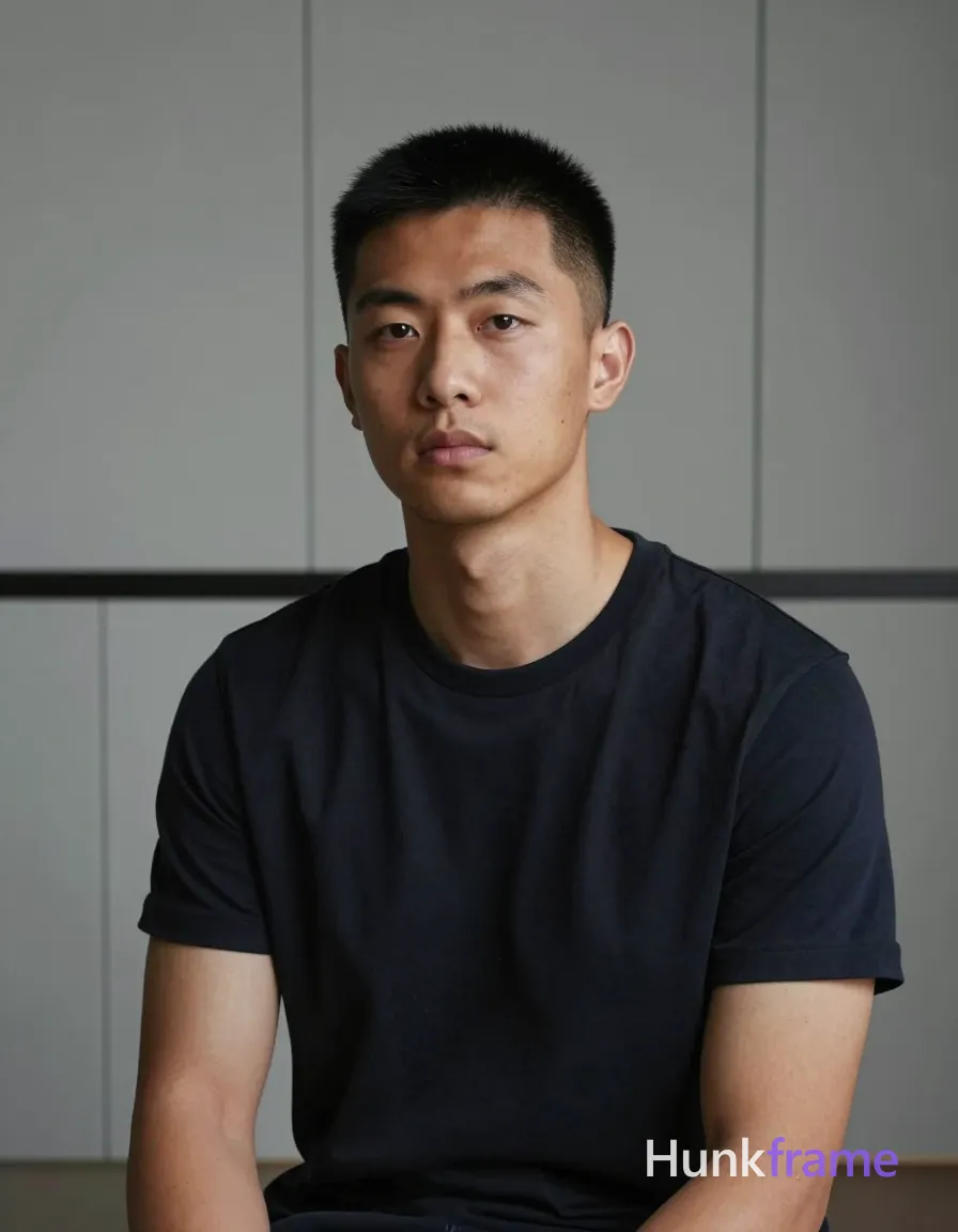 an anonymous figure man with light to medium tan skin and subtle shadows under the jawline, black short buzz cut fading to skin on sides with textured spiky top layer standing upright; Clean-shaven face with very faint stubble along jawline and upper lip, chin smooth; Neutral expression with direct gaze toward camera and slight head tilt to viewer's left; Seated facing forward with shoulders relaxed and head turned slightly right; Wearing dark navy or black crew-neck t-shirt covering torso completely; Fully clothed adult lean build physique; Indoor minimalist room with light gray paneled walls and dark horizontal molding behind subject; Soft directional frontal-left key light creating subtle shadowing on right cheek and neck; Clean composition, natural skin tones, shallow depth of field implied by background blur; Premium fashion editorial aesthetic; single clean uninterrupted photograph with a cohesive editorial composition and plain continuous surrounding surfaces