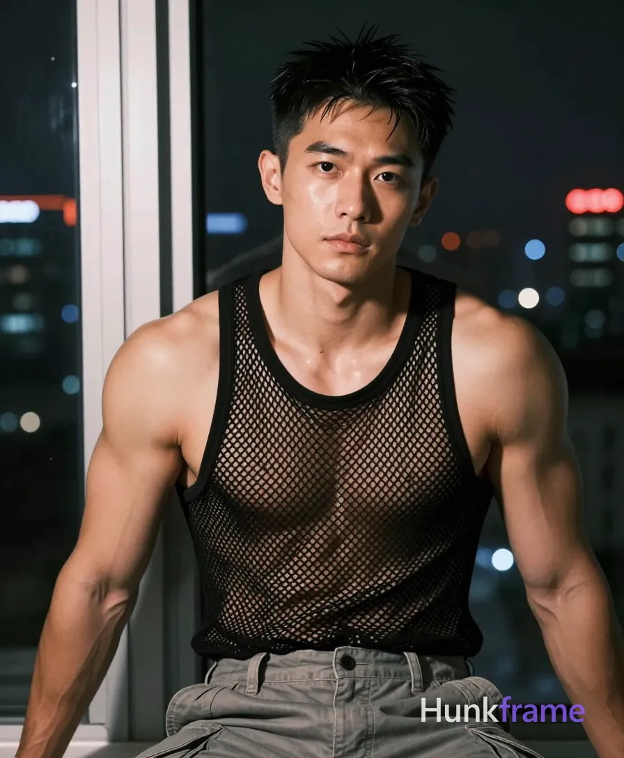 Photograph of exactly 1 adult man. Man 1: Asian, light to medium with warm undertones and visible sheen from lighting, oval, black, short textured crop cut above ears, slightly tousled at crown. Man 1 has fully exposed eyes, eyebrows, temples and nose bridge. Broad shoulders, defined pectorals on an Asian man with light warm skin sheen. Seated near window right hand in hair left arm extended downward out of frame. Shirtless black fishnet mesh tank top over bare chest grey cargo trousers buttoned front. Vertical portrait 13:19 head upper third torso mid-frame centered horizontally majority space. Indoor urban night scene white walls large window blurred city skyline bokeh background lights. Dramatic directional right side highlights left shoulder soft fill face cinematic depth of field. Fine-art photography high contrast sharp focus sculpted musculature skin texture sensual mood