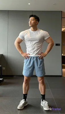 Asian man with short black buzz cut and light stubble stands in a gym mirror, hands on hips at waist
