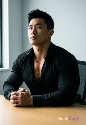 Asian man with short black styled upward hair and clean-shaven face, seated at a light wood desk in 