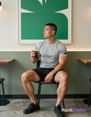 an anonymous figure adult man with light medium tan skin and short black buzz cut seated sideways on