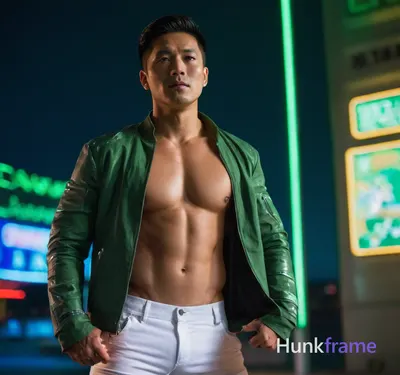 Asian man standing confidently in a futuristic cyberpunk setting, shirtless with