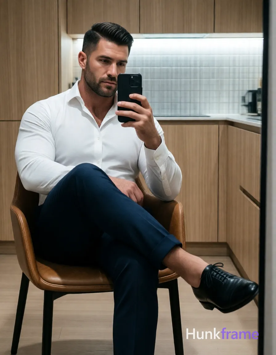 Photograph of exactly 1 adult man. Man 1: light to medium, oval with defined jawline, short, dark brown/black hair, side-parted slick-back style, clean-shaven hairline, clean-shaven, beard, or mustache. Man 1 has fully exposed eyes, eyebrows, temples and nose bridge. Broad shoulders, meaty chest define a stocky muscular build with dense body hair. Seated on brown leather chair taking mirror selfie while holding black smartphone vertically. White long-sleeve dress shirt, dark navy tailored trousers cuffed at ankles, black patent oxford shoes. Vertical portrait aspect ratio capturing full body seated pose with right leg crossed over left knee. Modern interior room featuring light wood cabinetry, tiled backsplash behind the subject. Soft ambient indoor lighting with cool-toned backlight from illuminated tile grid in background. High-fashion editorial aesthetic with clean lines, structured silhouette, and sophisticated minimalist luxury mood