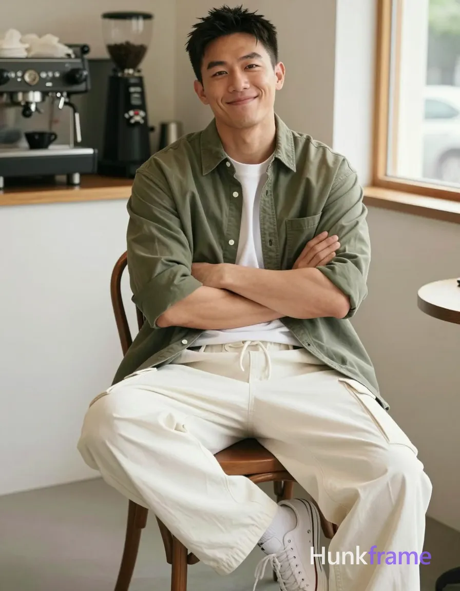 Asian man seated on wooden chair, arms crossed over chest with relaxed confident smile and slight head tilt; Wearing olive green button-down shirt open at collar revealing white crew-neck t-shirt neckline underneath; sleeves rolled to mid-forearm showing defined biceps and triceps under fabric; Off-white loose-fitting cargo pants with drawstring waistband partially obscuring thick thighs, paired with white low-top sneakers visible at bottom frame; Indoor cafe setting with espresso machine in background, natural daylight streaming from right window creating soft shadows on face; High-key lighting typical of lifestyle editorial photography, slight film-like warmth, vertical portrait composition capturing head to knees; single clean uninterrupted photograph with a cohesive editorial composition and plain continuous surrounding surfaces