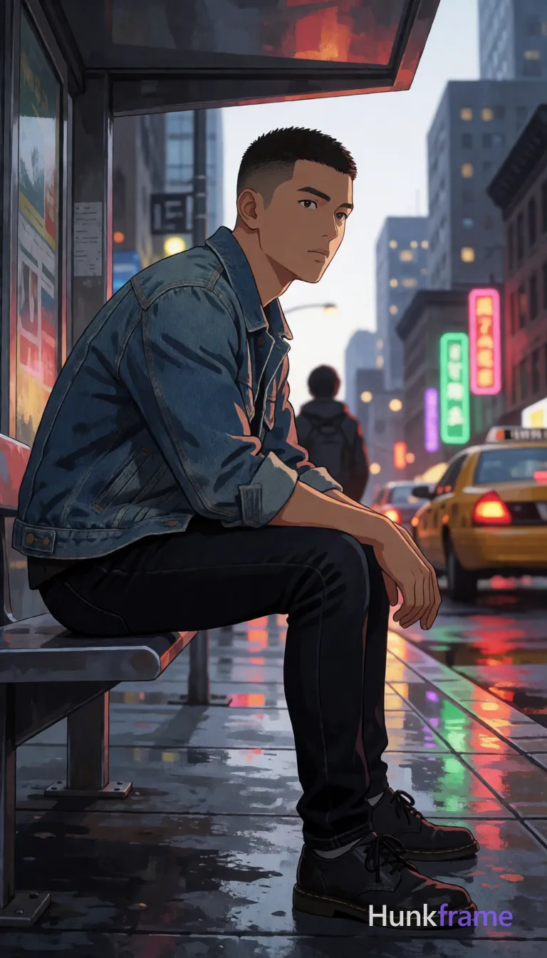 Asian man with short buzz cut, dark brown/black textured top and faded sides, clean-shaven face, neutral contemplative gaze rightward; Seated in profile facing right on a metal bench at bus stop under sheltered structure; Wearing blue denim jacket with rolled-up sleeves showing visible stitching, dark slim-fit jeans, black lace-up shoes; Vertical portrait 13:19 aspect ratio; Polished anime / 2.5D next-gen game art style with expressive face and athletic anatomy; Dramatic lighting typical of fashion editorial work, high contrast silhouette against vibrant city reflections on wet pavement; Cool blues and greys accented by warm neon reds, greens, yellows from an anonymous figure and taxi lights reflecting in puddles; FULL TEXT REPLACEMENT: remove every original source word, sentence, slogan, logo, and partial spelling from the text-bearing area, then replace it with only the wordmark, spelled exactly "HUNKFRAME" on the sign in the composition; This is replacement; Preserve appropriate typography and scale, logo, caption, username, hashtag, comment, watermark, or UI chrome, same aesthetic theme and photo; single clean uninterrupted artwork with a cohesive composition and plain continuous surrounding surfaces