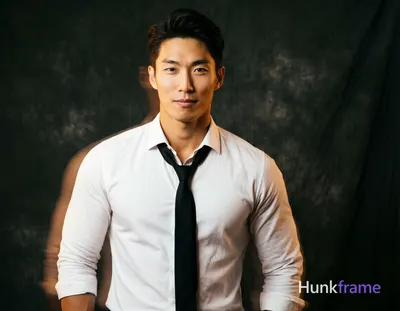 Asian man with light-medium skin and dark brown short hair styled high, clean-sh