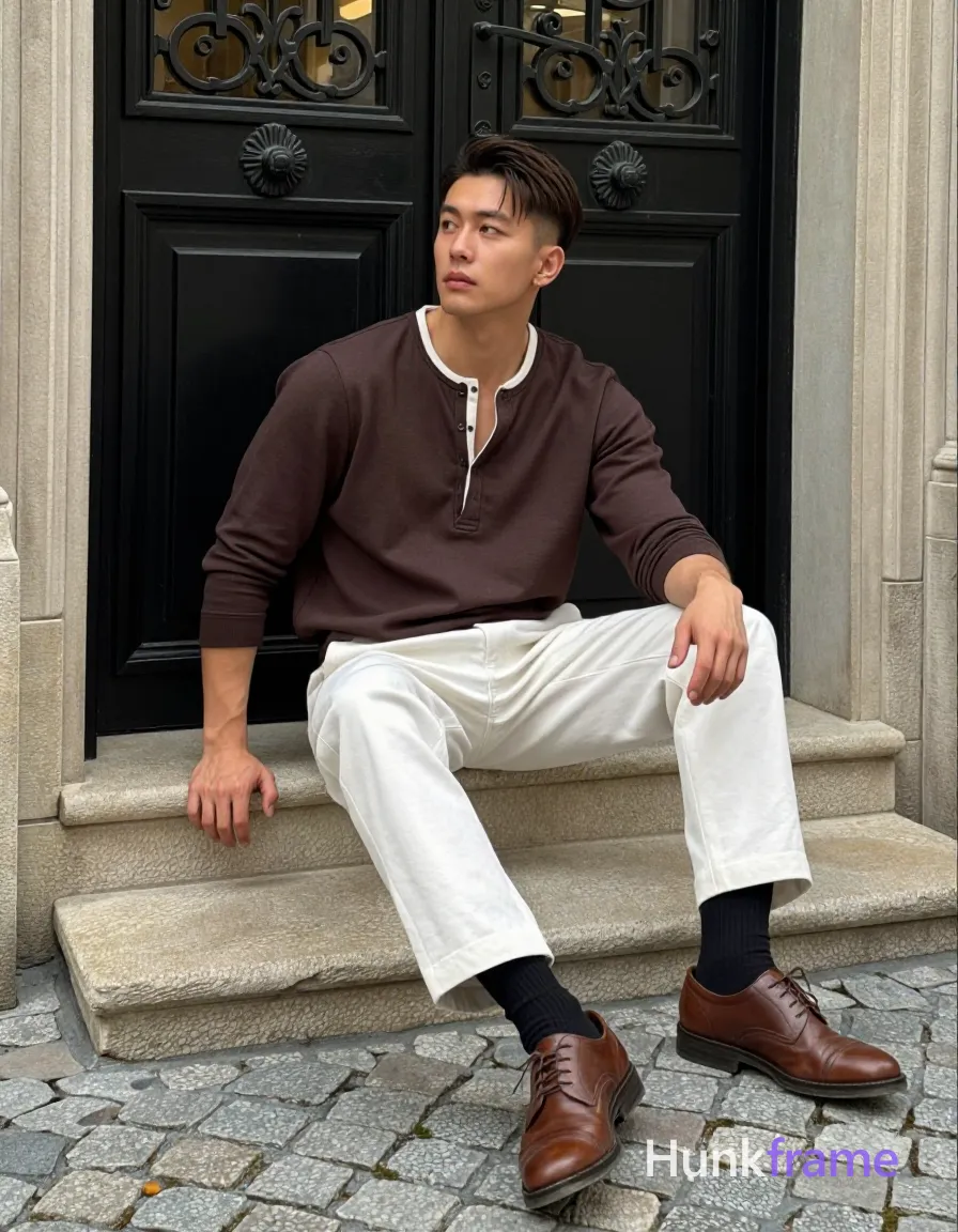 Asian man with short dark brown undercut hair and clean-shaven face He sits on a stone step before an ornate black door with decorative ironwork, leaning back slightly while left hand rests flat on the step beside him; right arm relaxed along thigh; Wearing long-sleeved brown henley shirt with white trim at collar and placket buttons, white wide-leg trousers, black crew socks, brown leather lace-up dress shoes; Natural daylight illuminates light-medium skin tone against grey cobblestone ground and light-colored stone walls; Shot on smartphone camera in 13:19 portrait orientation capturing urban chic atmosphere, shot on iPhone 15 Pro main camera, authentic smartphone computational photography, natural Smart HDR, vertical 9:16 Xiaohongshu lifestyle post, bright clean gym or cafe scene, wardrobe matching reference outfit, confident everyday blogger pose, phone photo with natural grain; single clean uninterrupted photograph with a cohesive editorial composition and plain continuous surrounding surfaces