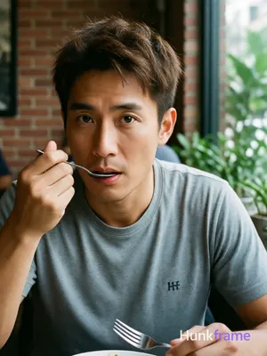 Photograph of exactly 1 adult man. Man 1: Asian, light to medium tan, oval with 