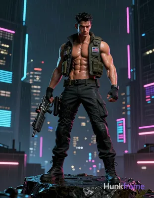 A handsome masculine man standing on a rocky pedestal with a futuristic weapon i