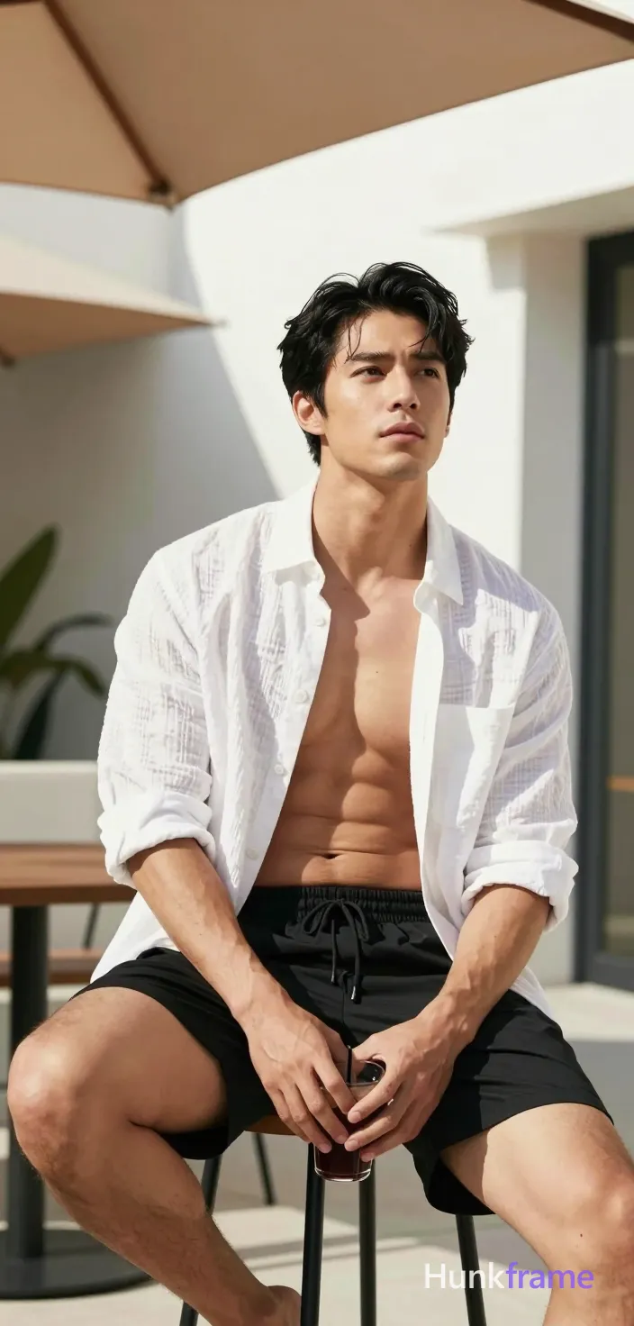 Asian man with light-medium skin and black short hair styled with volume, clean-shaven face looking upward right. Seated on high stool torso angled left holding dark drink between knees in white textured linen shirt unbuttoned at top revealing upper chest clavicles pectorals abdomen defined abs sleeves rolled wearing black drawstring shorts ending above knee weight shifted onto left leg broad shoulders thick thighs. Outdoor patio under beige awning casting soft shadows on white stucco wall modern building facade background right bright natural sunlight from upper left creating strong highlights shallow depth of field keeping subject sharply focused softly blurring architectural elements behind vertical phone-camera aesthetic head-to-thighs framing excluding feet entirely center-left composition occupies majority frame relaxed confidence sun-drenched leisure premium lifestyle editorial tone high-contrast outdoor lighting emphasizing muscle definition clean lines minimal background distractions typical of fashion photography, same aesthetic theme and photo feel as the reference but a different man in a different pose with distinct body proportions, Mexican man, bronze skin, strong jaw, thick wavy hair, soccer-player lean legs, a single uninterrupted photograph only, no written words or typography anywhere in frame, no captions, no app UI, no social-media post layout, no screenshot borders