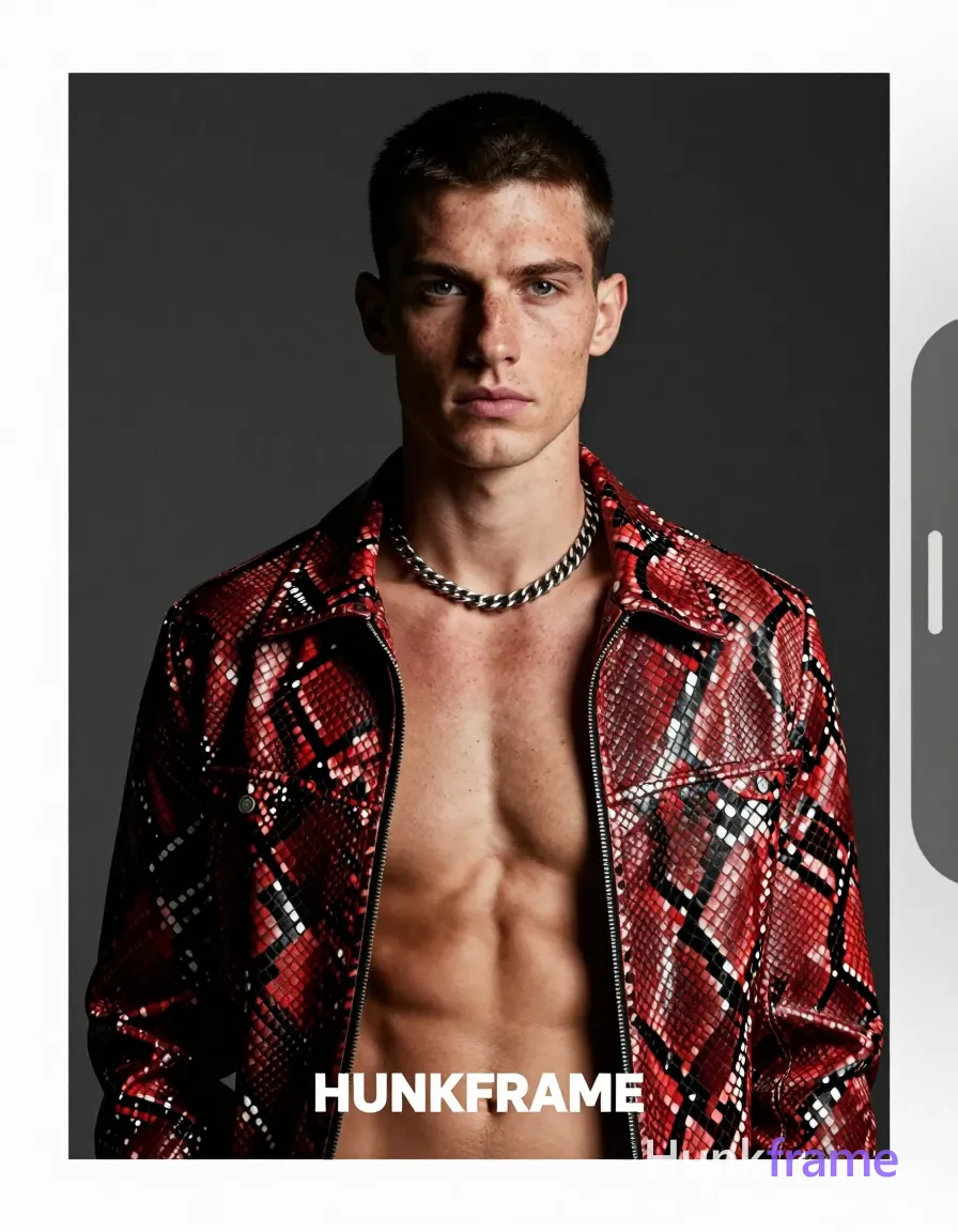 A fair-skinned white man with freckles and short dark cropped hair stands shirtless in a head-and-shoulders portrait facing the camera. He wears an open red-brown snakeskin-patterned jacket revealing his bare chest, neck, and silver metallic chains around his collarbones. The lean build features a defined jawline under dramatic directional lighting from front-left against a plain dark gray studio background. His direct gaze meets the lens with neutral lips in high-fashion editorial photography style rendered as full-bleed vertical phone wallpaper composition with clean negative space. A visible wordmark 'HUNKFRAME' appears centered at the bottom of the frame. Include exactly one visible wordmark, spelled exactly "HUNKFRAME", in the same compositional text position; preserve its appropriate typography and scale. No other visible text, logo, caption, username, hashtag, comment, watermark, or UI chrome., a single uninterrupted photograph only, no written words or typography anywhere in frame, no captions, no app UI, no social-media post layout, no screenshot borders