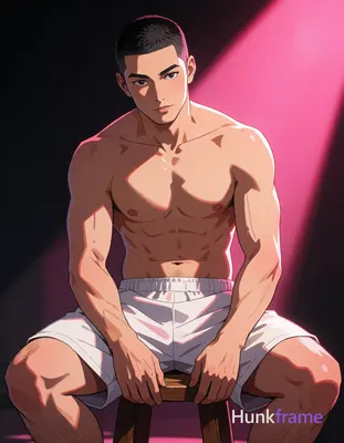 Polished anime style illustration of an adult Asian man with buzz cut and clean-shaven face, shirtle
