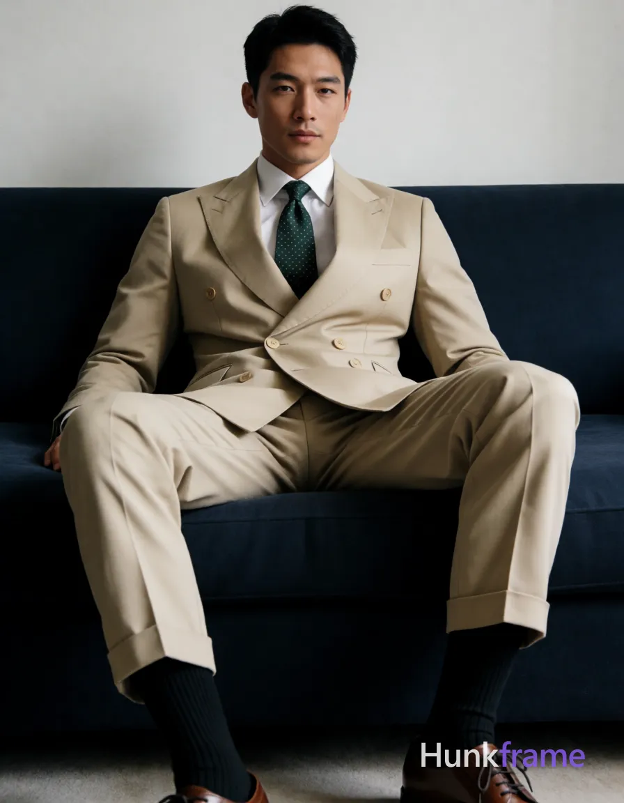 Asian man with short black hair and clean-shaven face sits on a dark blue sofa in a tasteful suggestive pose for high-fashion editorial photography; He wears a double-breasted beige suit jacket, white dress shirt, dark green patterned necktie, matching beige trousers cuffed at ankles, black ribbed crew socks, and brown leather shoes; His left leg extends forward while the right knee angles inward; torso reclines slightly against backrest with relaxed shoulders; Soft directional lighting from front-left creates subtle shadows on suit folds and skin texture in a minimalist interior setting; single clean uninterrupted photograph with a cohesive editorial composition and plain continuous surrounding surfaces