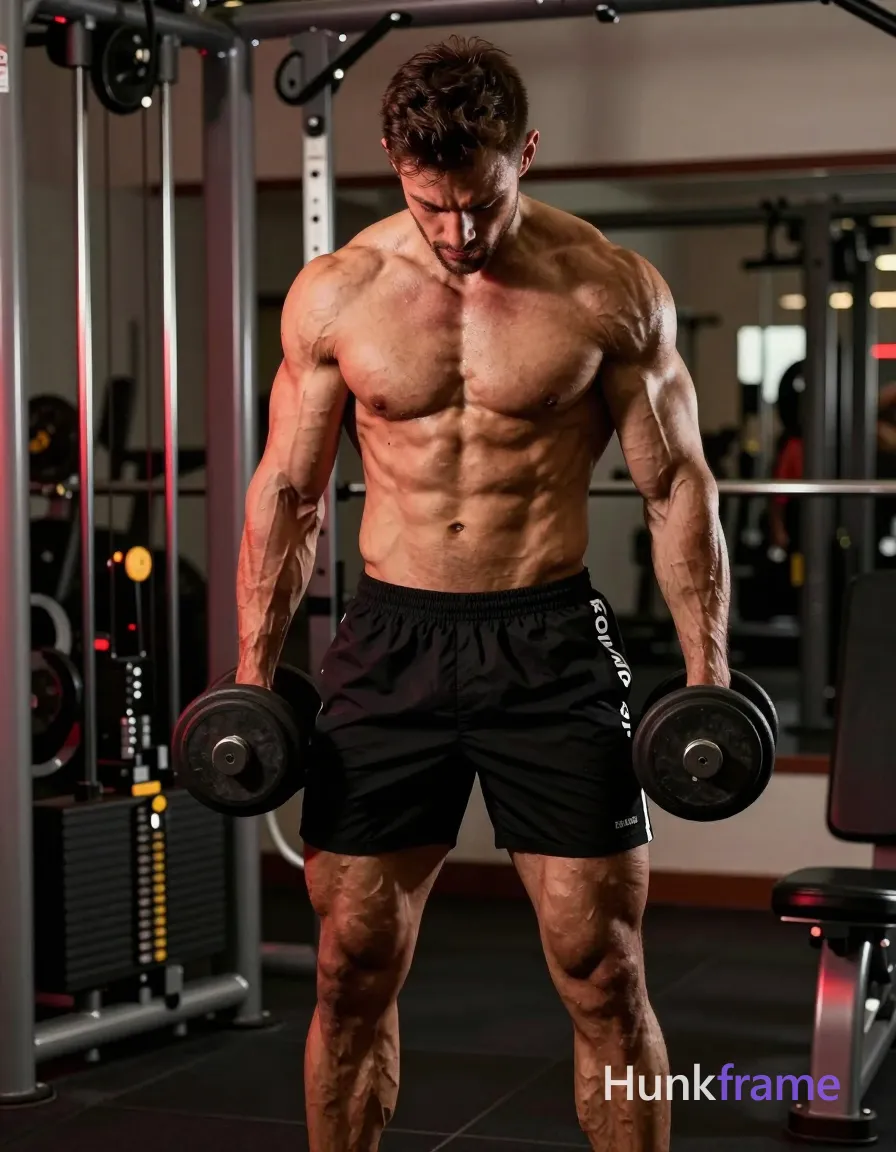 muscular male fitness model standing with dumbbells in hand, torso leaned forward slightly, well-defined abs and thick muscular thighs visible, shirtless, black athletic shorts with white 'ARMOUR' printed on one leg, vascular arms, compact athletic build, red gym lighting highlighting muscles, dramatic effect emphasizing physique, warm tone palette, energetic gym setting with fitness equipment in the background