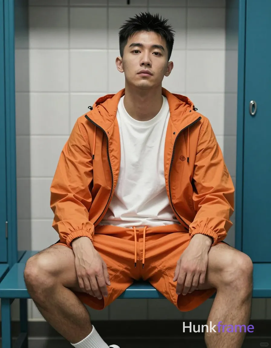 Asian man with short black spiky hair and clean-shaven face, neutral gaze direct eye contact seated on a teal bench or ledge. Legs bent with knees up slightly apart, torso relaxed upright, hands resting loosely on thighs/knees. Wearing orange zip-up hooded jacket unzipped to mid-chest over white crew-neck t-shirt, matching orange drawstring shorts, white ribbed ankle sock visible on right foot while left leg bare. Indoor locker room setting with white tiled walls and teal metal shelving. Soft directional light from front-left casting subtle shadows defining facial structure and clothing folds. Fine-art photography aesthetic with slightly grainy texture and soft focus edges. Vertical portrait composition centered medium shot., same aesthetic theme and photo feel as the reference but a different man in a different pose with distinct body proportions, Turkish man, olive skin, aquiline nose, lean hairy chest editorial look, a single uninterrupted photograph only, no written words or typography anywhere in frame, no captions, no app UI, no social-media post layout, no screenshot borders