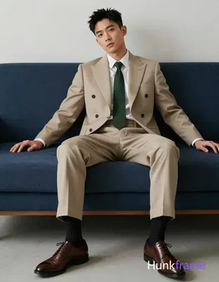 Asian man with short black hair and clean-shaven face sits on a dark blue sofa i