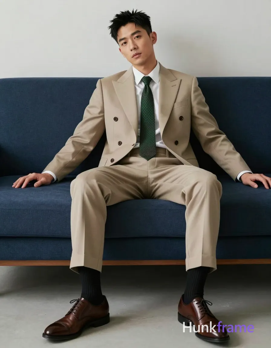 Asian man with short black hair and clean-shaven face sits on a dark blue sofa in a tasteful suggestive pose for high-fashion editorial photography; He wears a double-breasted beige suit jacket, white dress shirt, dark green patterned necktie, matching beige trousers cuffed at ankles, black ribbed crew socks, and brown leather shoes; His left leg extends forward while the right knee angles inward; torso reclines slightly against backrest with relaxed shoulders; Soft directional lighting from front-left creates subtle shadows on suit folds and skin texture in a minimalist interior setting; single clean uninterrupted photograph with a cohesive editorial composition and plain continuous surrounding surfaces