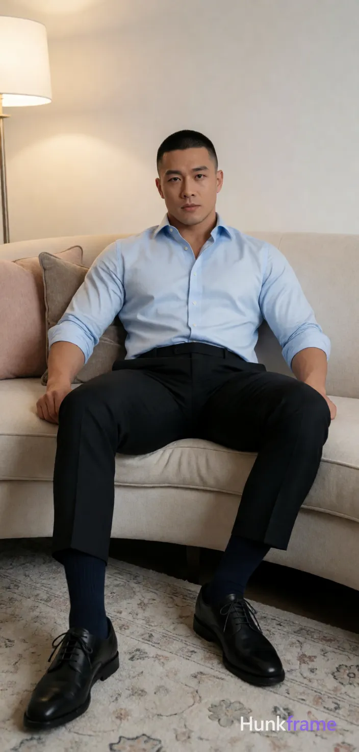 Heavily muscular adult man with substantial muscle mass, wide shoulders, thick neck, large chest and arms, powerful thighs, and dense bodybuilding proportions; Asian man with short buzz cut and clean-shaven face sits sideways on a curved beige sofa, torso leaning back against pillows; He wears light blue button-down dress shirt sleeves rolled to mid-forearm, collar open without tie or cufflinks, black tailored trousers with belt loop visible at waistline, dark navy crew socks pulled up to mid-calf, and black leather oxford shoes laces tied neatly; Left leg extended forward foot flat on rug right leg bent knee resting on sofa cushion; Indoor living room setting light-colored walls patterned rug underfoot beige curved sofa two throw pillows one pinkish-beige one taupe floor lamp visible left; Soft ambient indoor lighting from front-left direction creating gentle shadows on right side of face and body clean composition centered subject balanced negative space neutral background emphasizing attire posture fine-art photography dramatic yet soft lighting sculpted pose athletic gym photography defined anatomy; single clean uninterrupted photograph with a cohesive editorial composition and plain continuous surrounding surfaces
