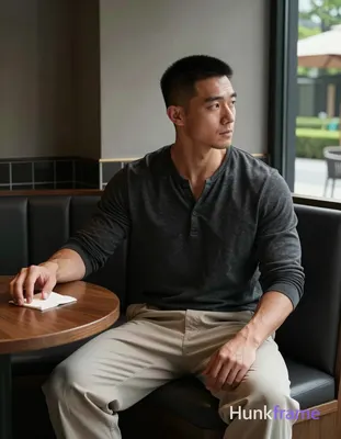 Photograph of exactly 1 adult man. Man 1: Asian, medium-tan, square-jawed with d